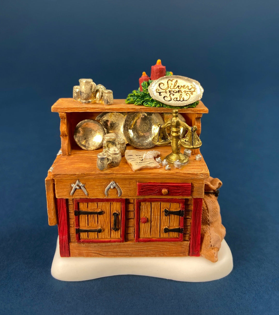 Dept. 56 Figurines. Silver for Sale. Christmas Village Accessories. Silverware Vendor & Cabinet with Silver.