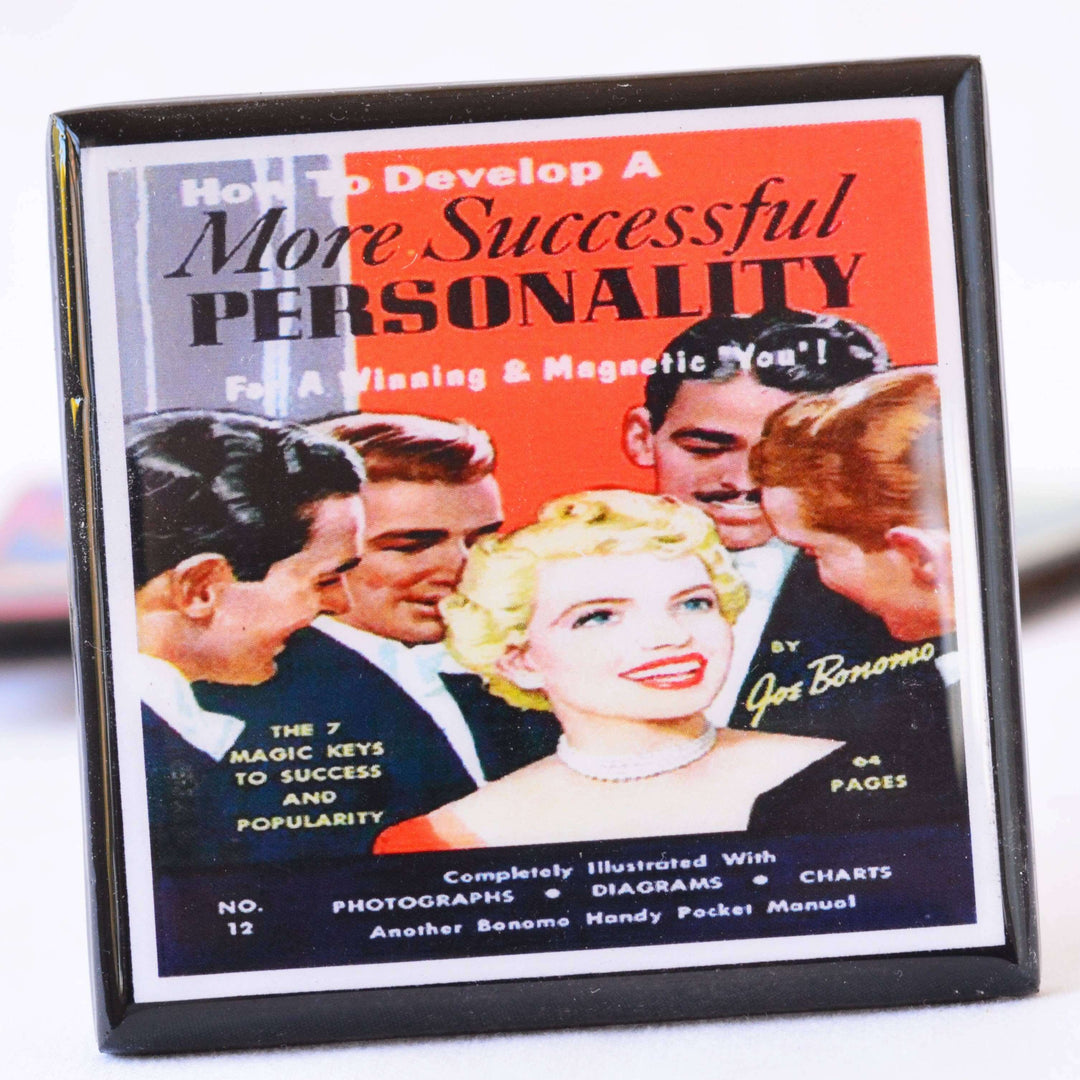 Coaster titled 'How to Develop a More Successful Personality' by Joe Bonano with vintage design elements.