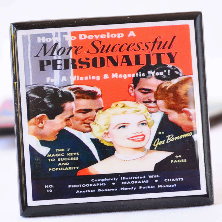 Coaster titled 'How to Develop a More Successful Personality' by Joe Bonano with vintage design elements.