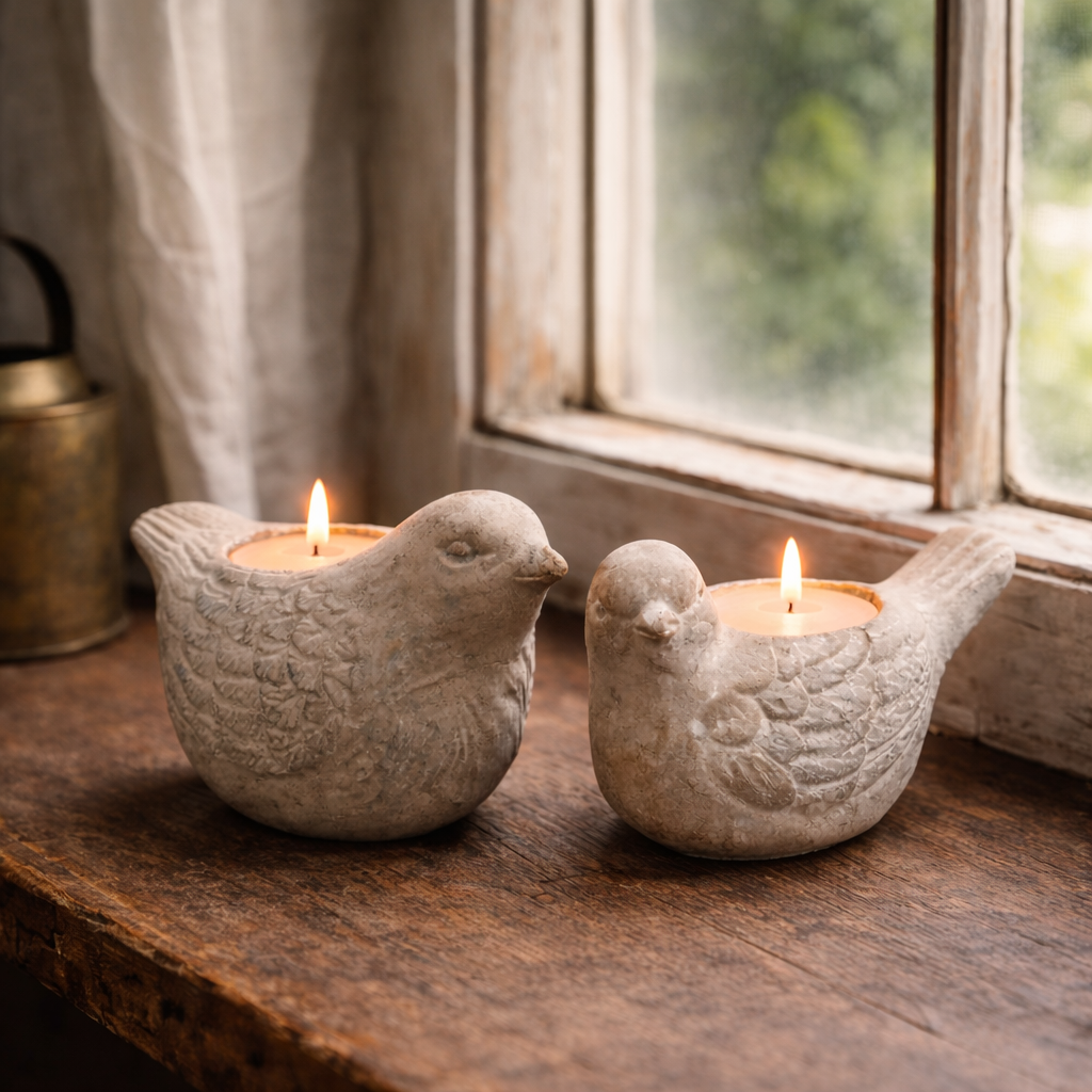 Large and small Distressed Cement Bird Candle Holders glowing beside a window