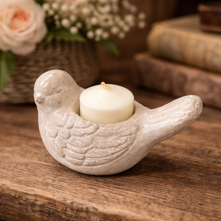 Small cement bird candle holder with an unlit votive