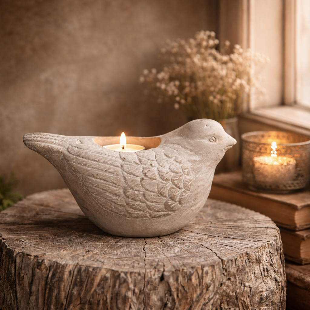 Large bird candle holder with a lit candle on a rustic wood slice
