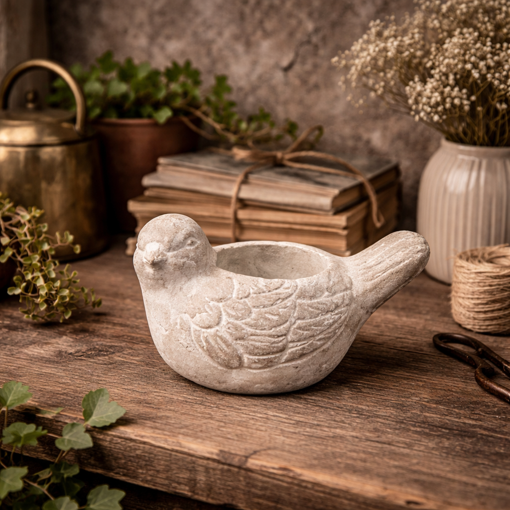 Small cement bird candle holder displayed empty on a worktable
