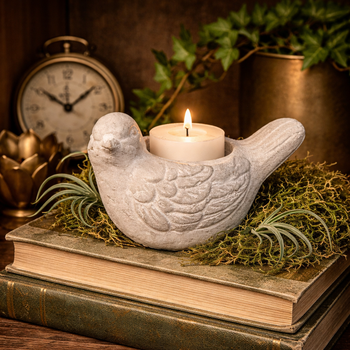 Large bird candle holder with a lit candle styled over vintage books