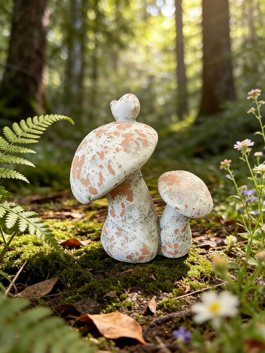 Distressed Cement Mushroom Sculpture with Perched Bird styled with woodland greenery