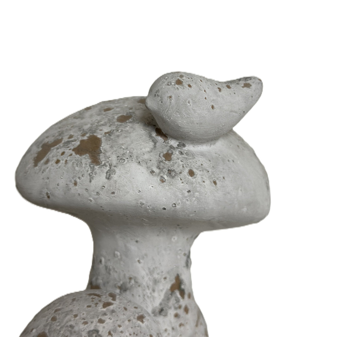 Distressed Cement Mushroom Sculpture with Perched Bird showing layered form