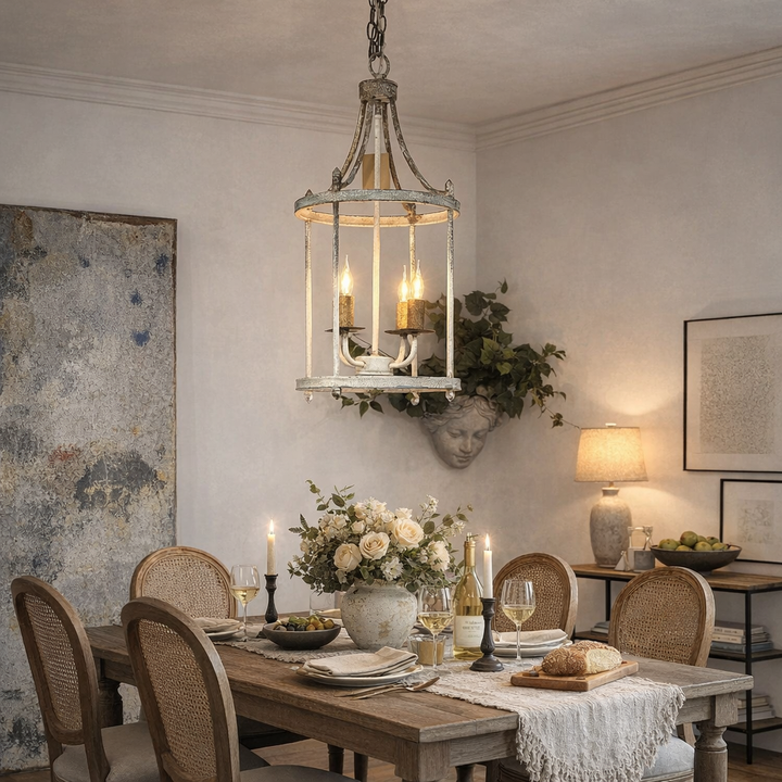 Distressed iron four-light pendant lantern above a dining table