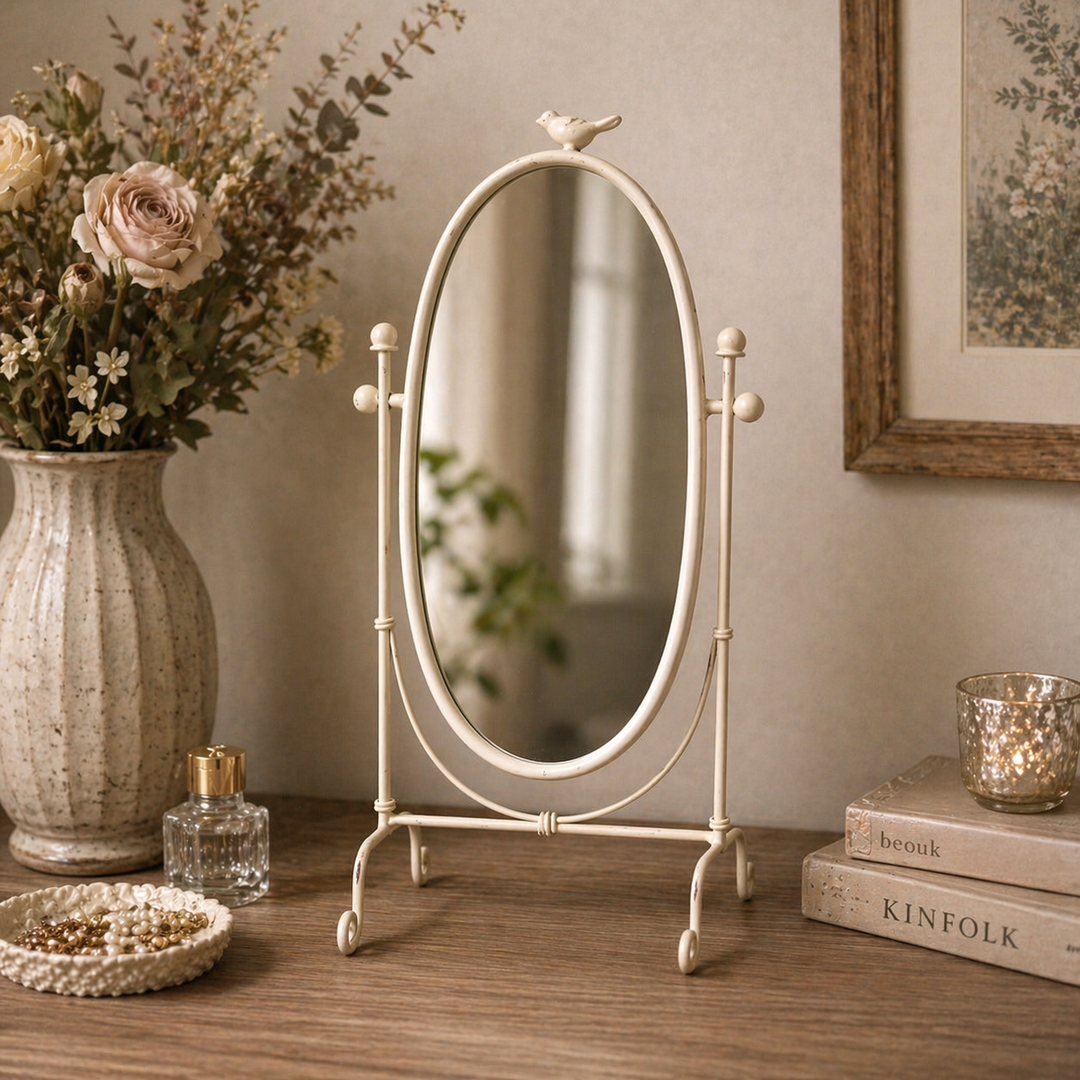 Distressed white bird-topped swing mirror styled on a wood vanity