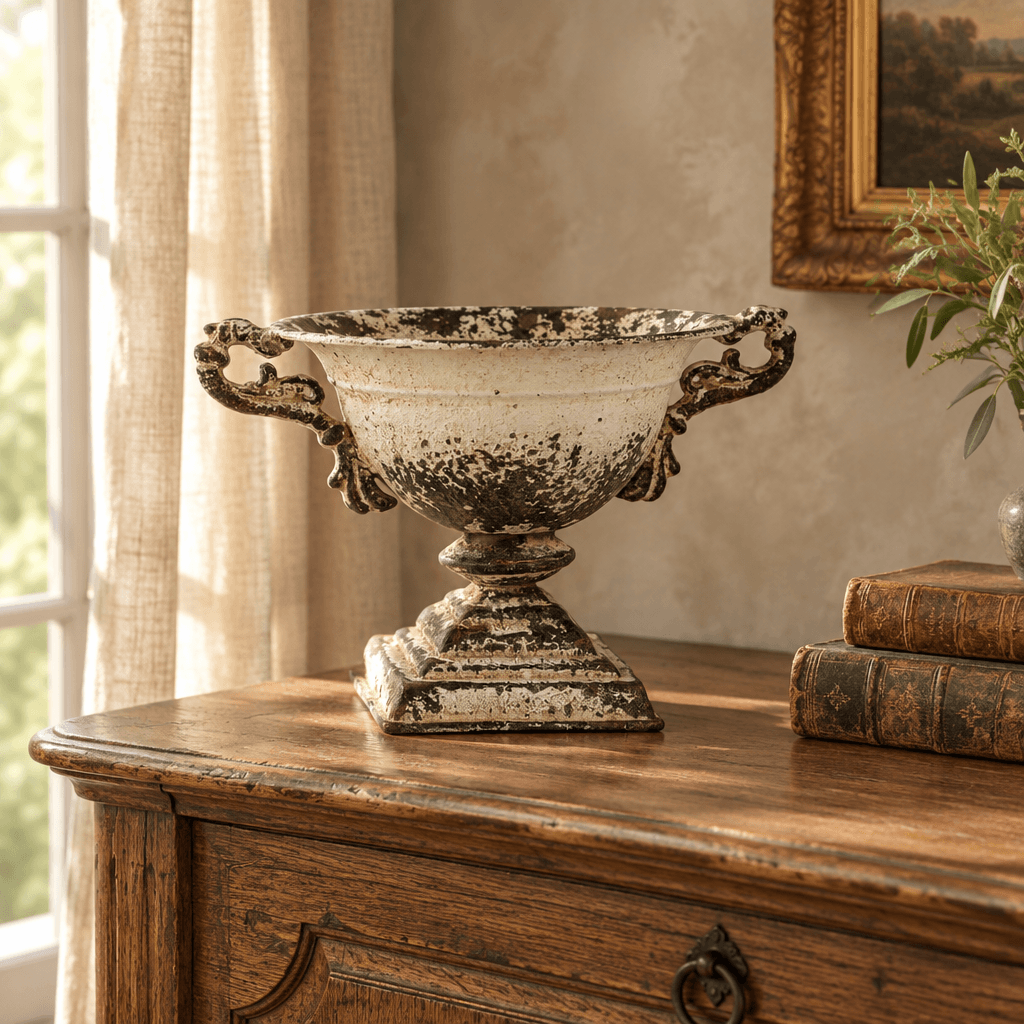 Distressed white pedestal urn styled on an antique oak console in a neutral French-country interior