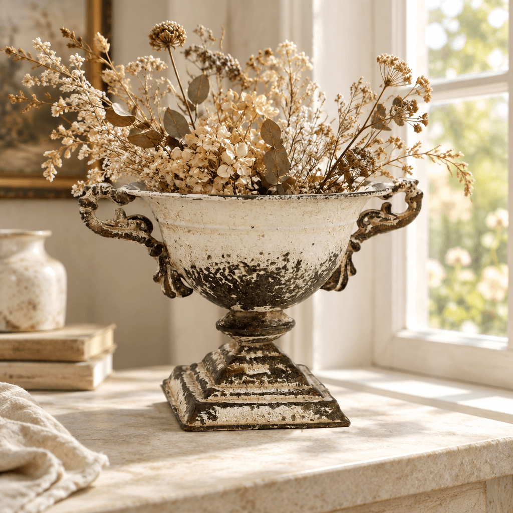 Distressed white iron urn holding dried stems on a pale stone tabletop beside a cottage window