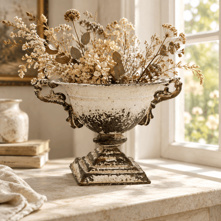 Distressed white iron urn holding dried stems on a pale stone tabletop beside a cottage window