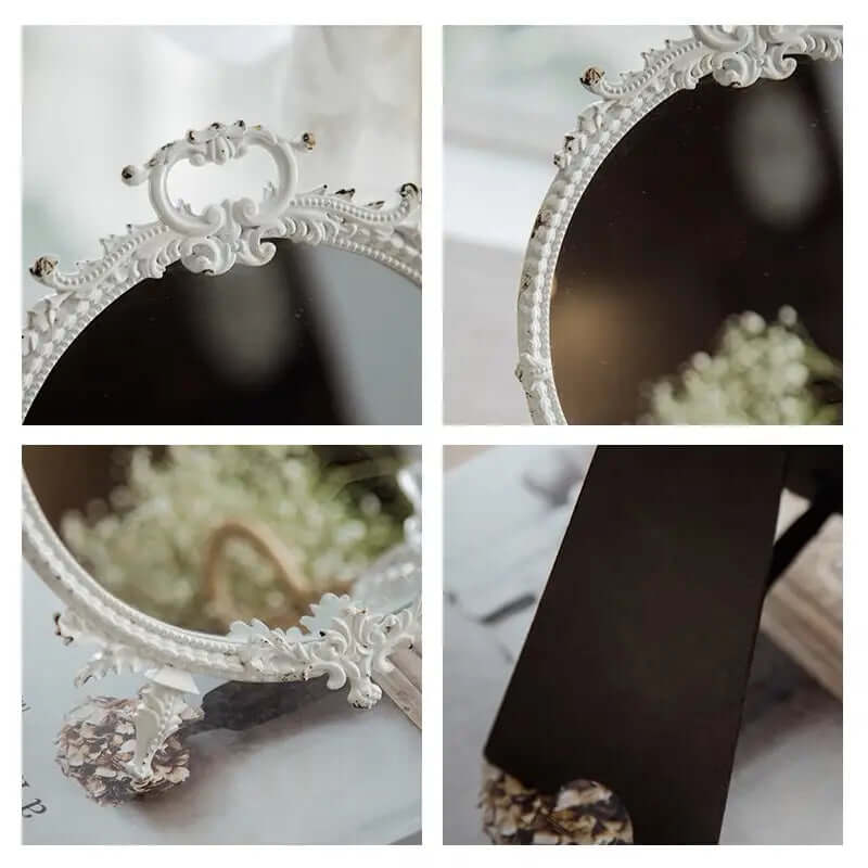 Distressed White Vintage Makeup Mirror with Ornate Pewter Frame detailing and close-ups.