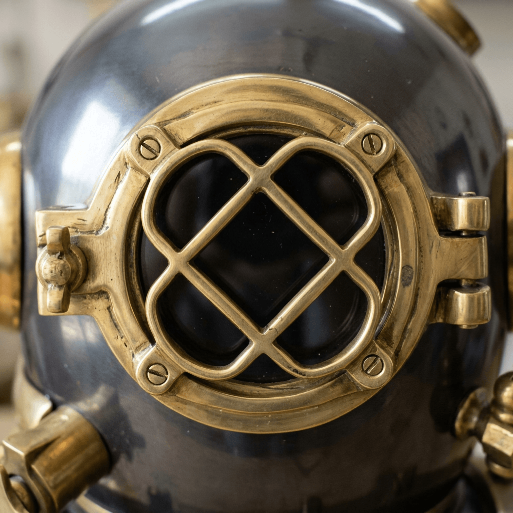 Navy-Style Diving Helmet on Wood Stand