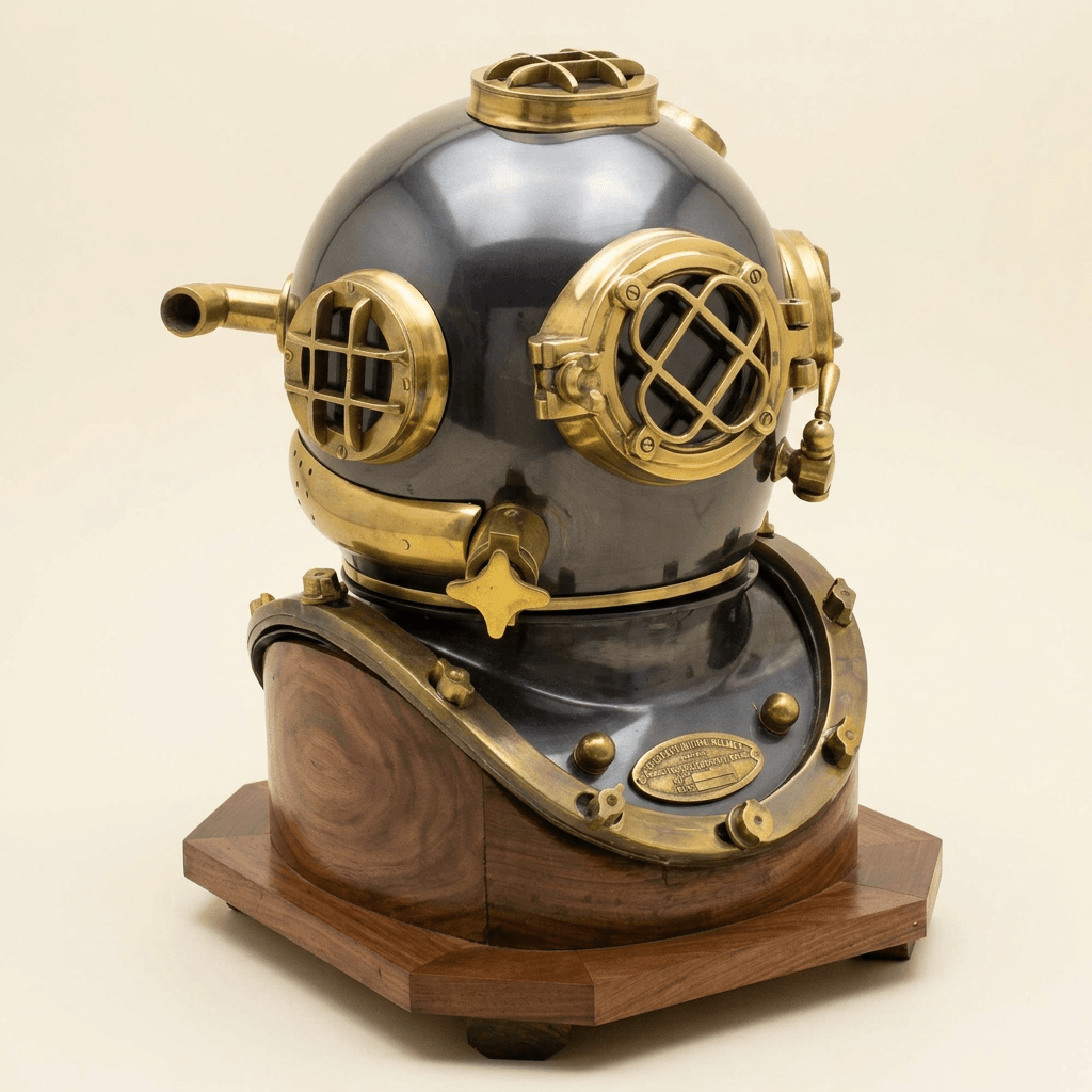 Navy-Style Diving Helmet on Wood Stand