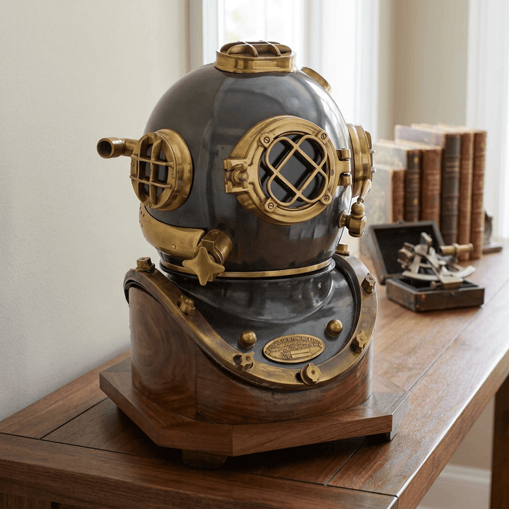 Navy-Style Diving Helmet on Wood Stand