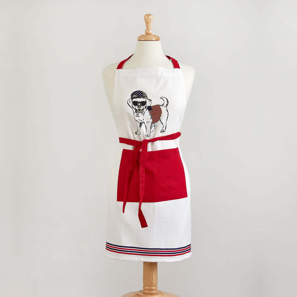 Dog Lover Kitchen Apron with Pockets featuring playful dog design, perfect for cooking and baking. Made of 100% cotton, red and white color.