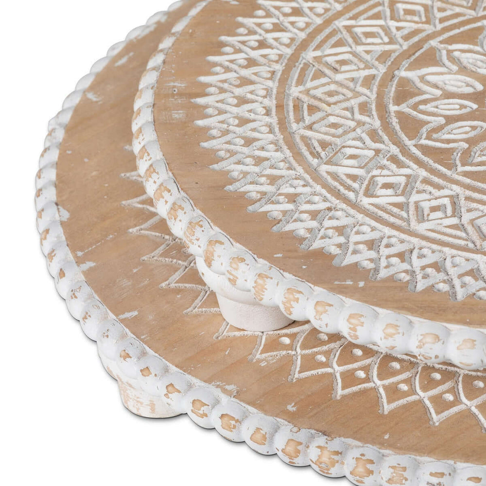 Dreamcatcher Wooden Risers with Whitewashed Mandala Design showcasing intricate craftsmanship on natural wood.