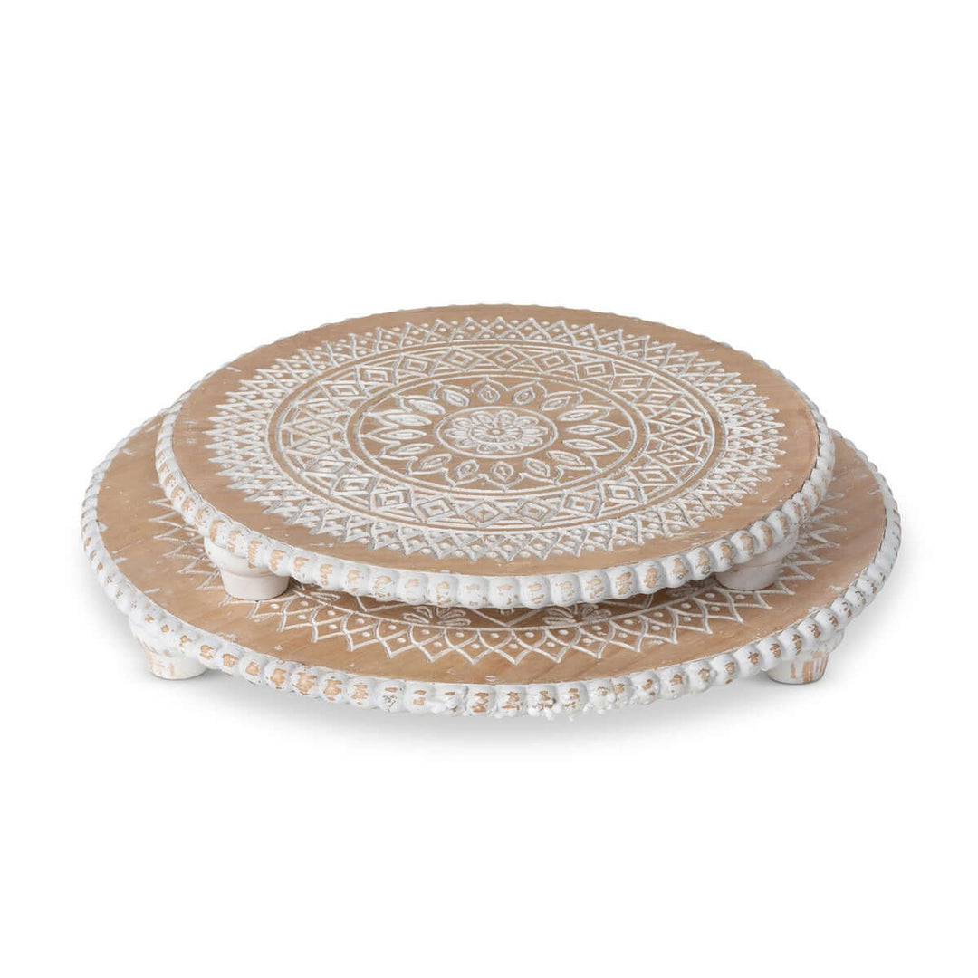 Dreamcatcher Wooden Risers with Whitewashed Mandala Design showcasing intricate craftsmanship.