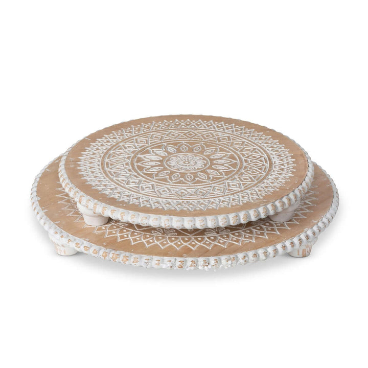 Dreamcatcher Wooden Risers with Whitewashed Mandala Design showcasing intricate craftsmanship.