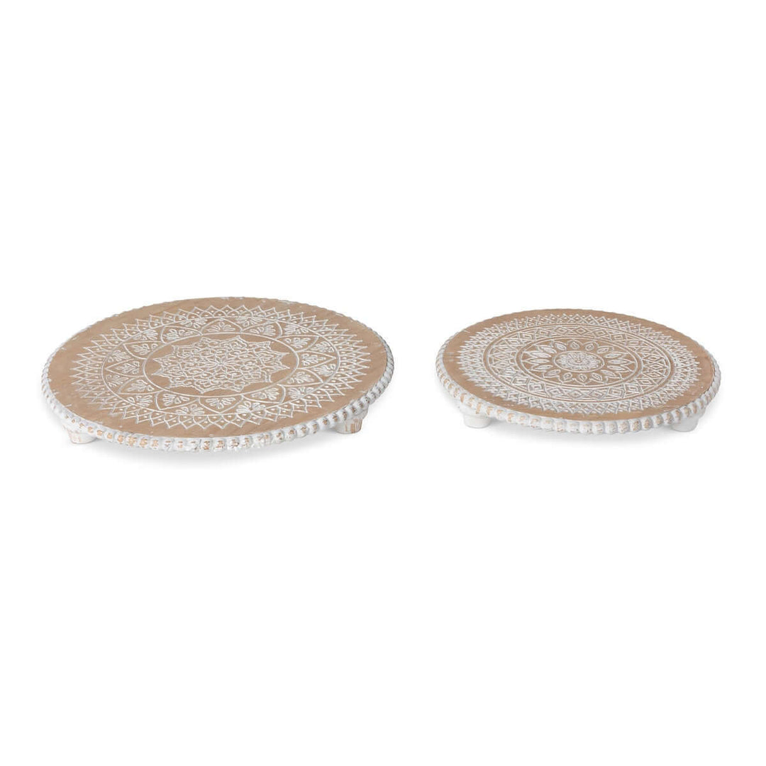 Dreamcatcher Wooden Risers with Whitewashed Mandala Design, carved natural wood, decorative table risers set.
