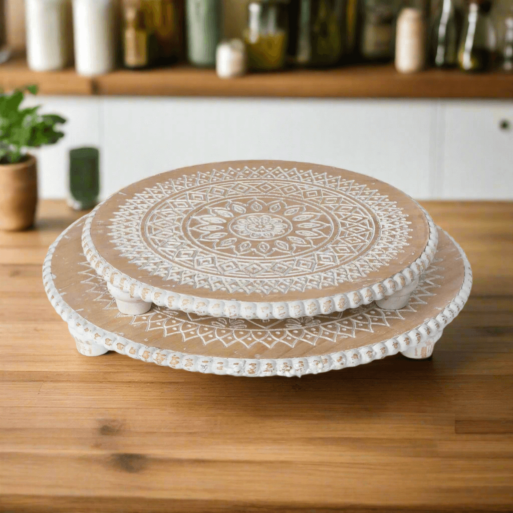 Dreamcatcher Wooden Risers with Whitewashed Mandala Design in a rustic kitchen setting.