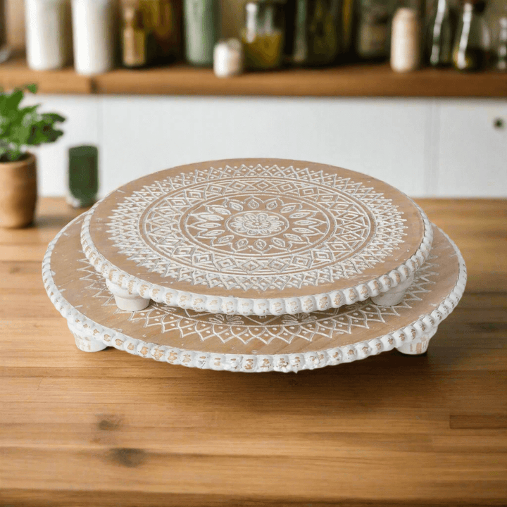 Dreamcatcher Wooden Risers with Whitewashed Mandala Design in a rustic kitchen setting.