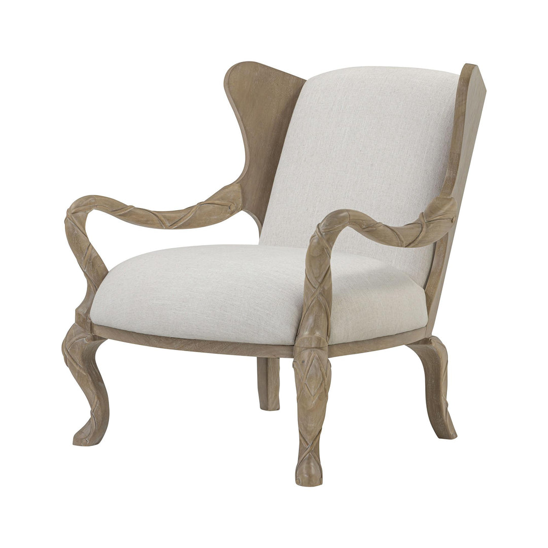 Driftwood ribbon armchair with ivory upholstery in an angled front view.