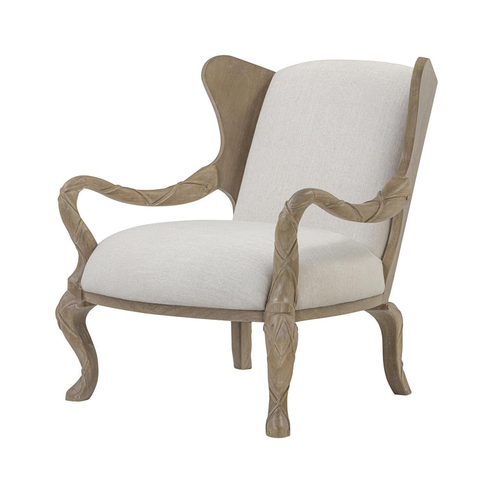 Driftwood ribbon armchair with ivory upholstery in an angled front view.