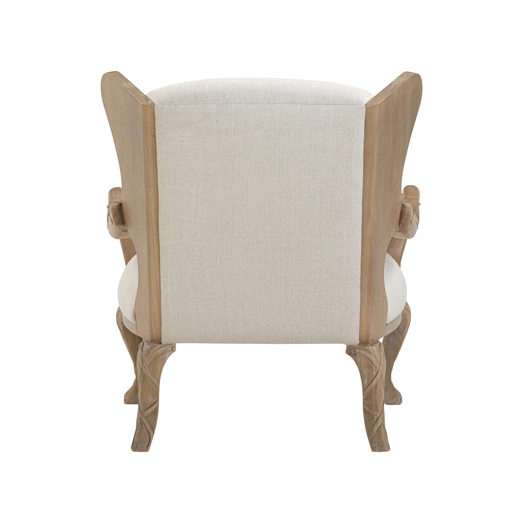 Rear view of the ivory upholstered back within the driftwood frame.