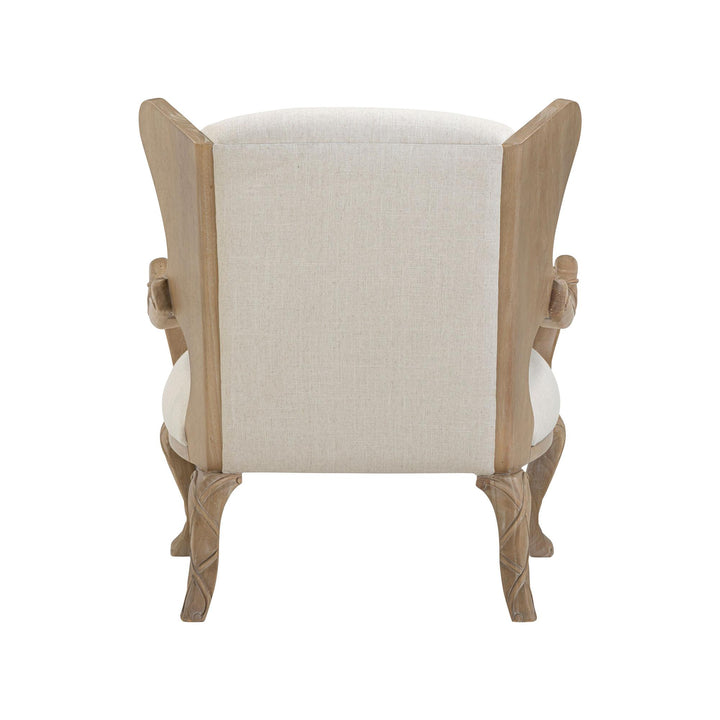 Rear view of the ivory upholstered back within the driftwood frame.