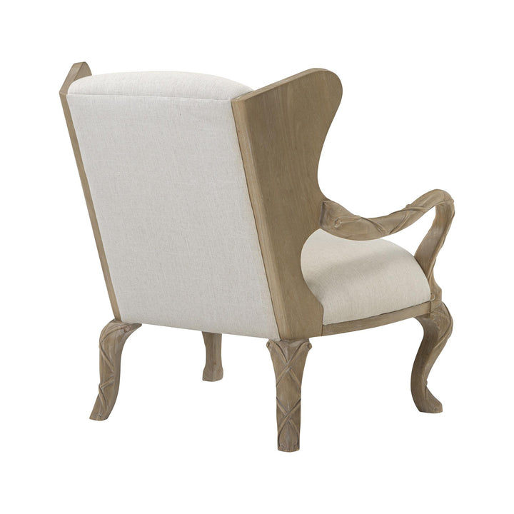 Rear angled view showing the driftwood chair frame and curved legs.