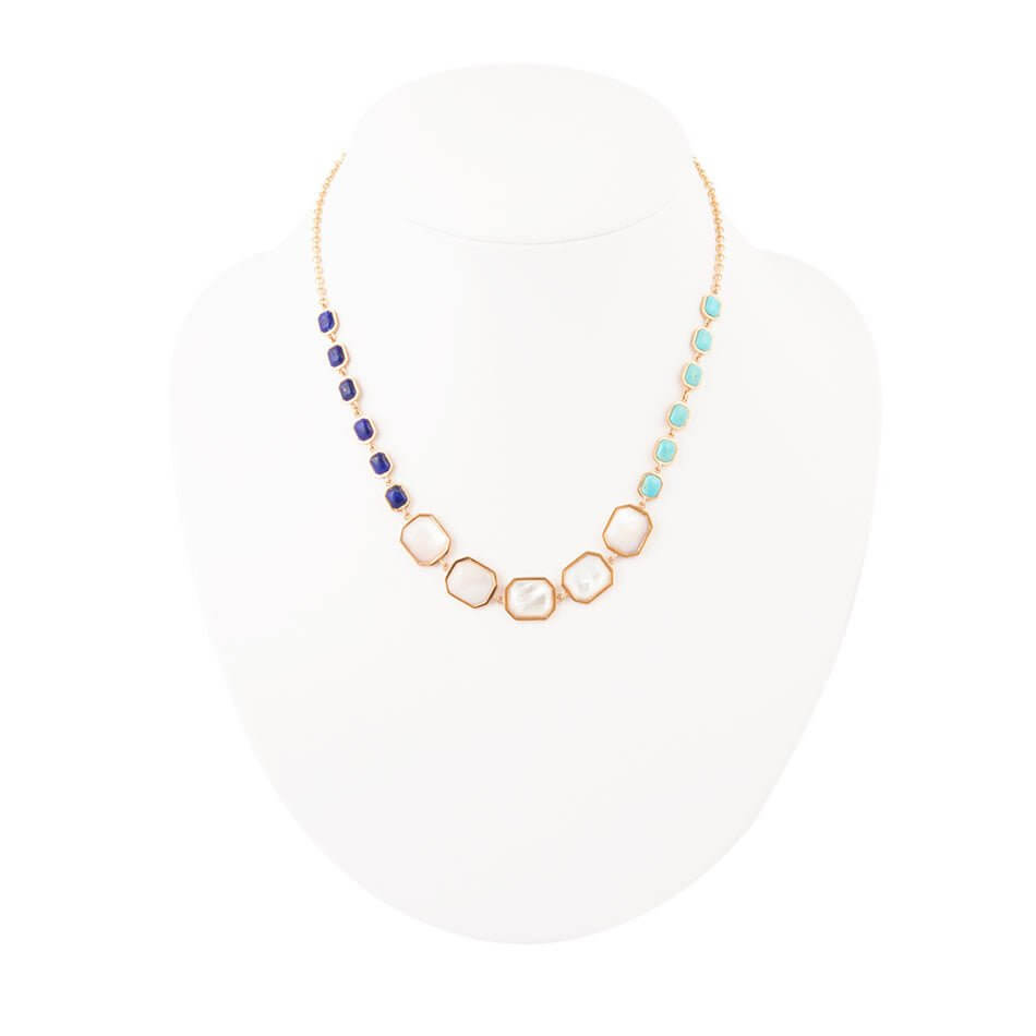Dual Color Blue Lapis Turquoise and White Mother of Pearl Golden Necklace