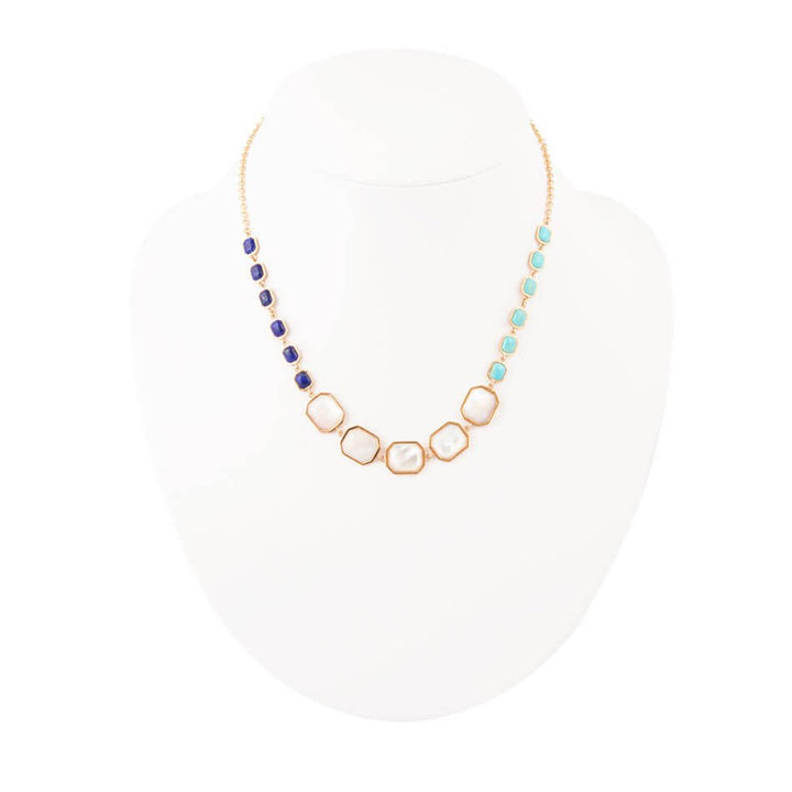 Dual Color Blue Lapis Turquoise and White Mother of Pearl Golden Necklace