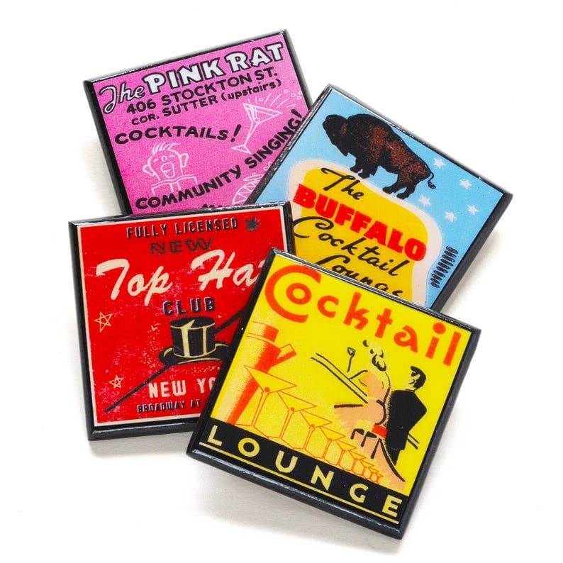 Four colorful cocktail lounge coasters with vintage-style graphics and text.