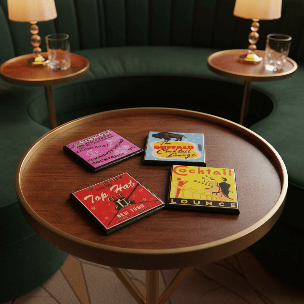Wooden table with colorful coasters featuring vintage bar-themed designs, surrounded by green upholstered chairs.