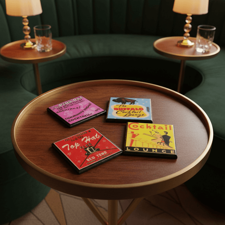 Wooden table with colorful coasters featuring vintage bar-themed designs, surrounded by green upholstered chairs.