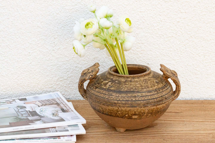 Early Chinese Terracotta Jar with Animal-Form Handles displayed with flowers