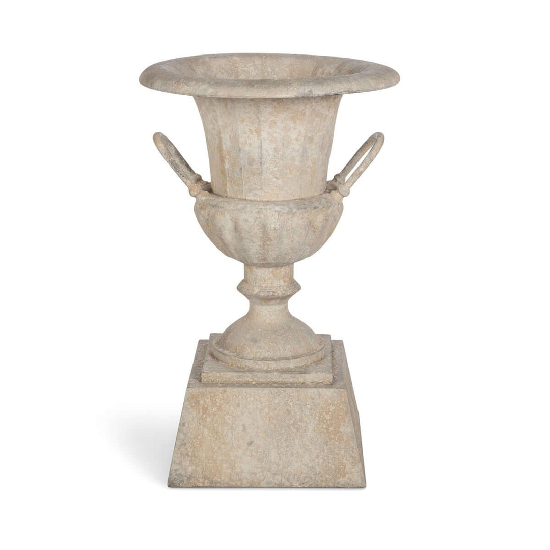Fluted Metal Urn with Pedestal, Weathered Stone, 33"H
