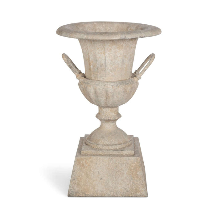 Fluted Metal Urn with Pedestal, Weathered Stone, 33"H