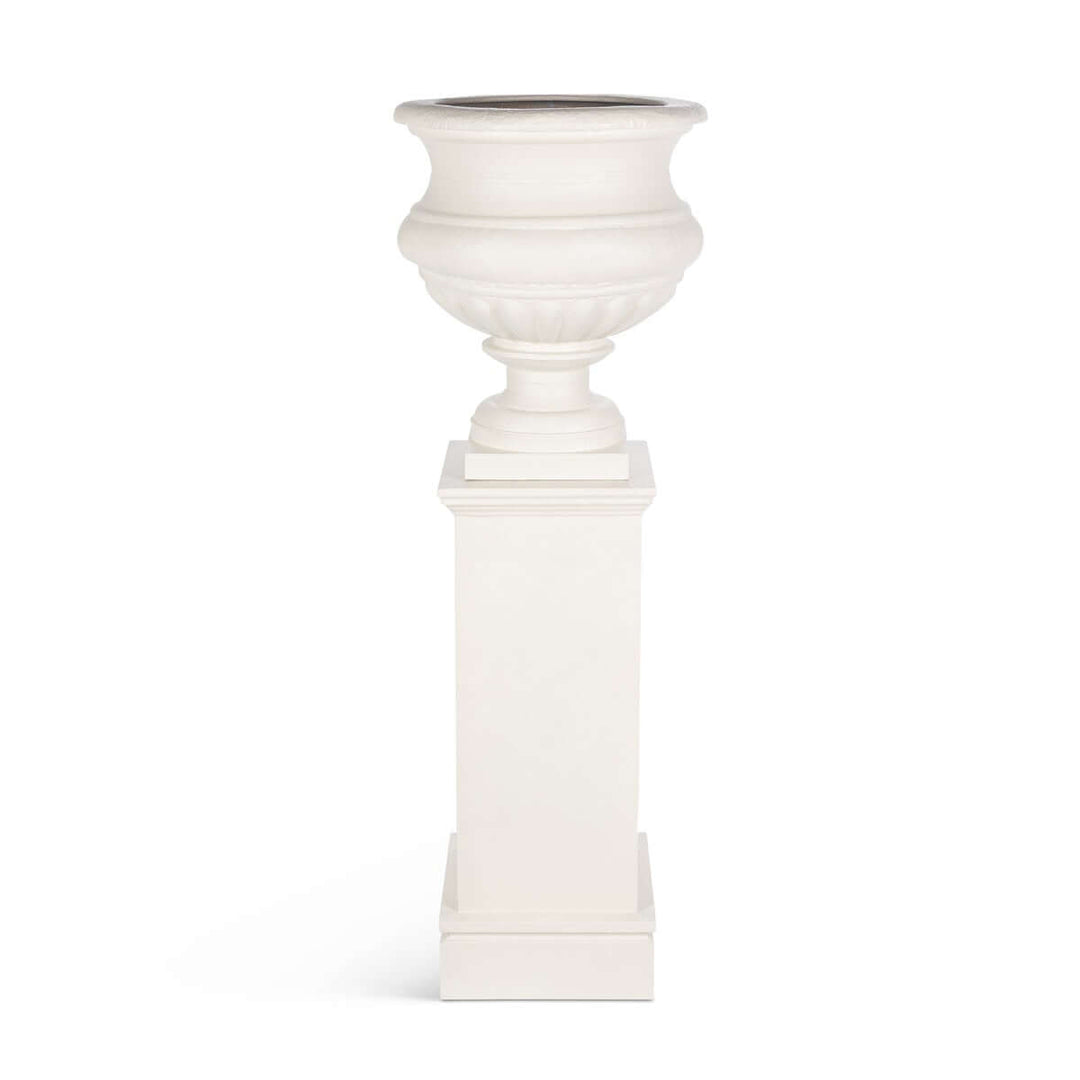 Large Metal Portico Urn w/ Tall Pedestal, Soft White