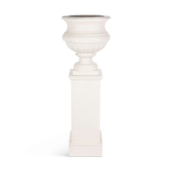 Large Metal Portico Urn w/ Tall Pedestal, Soft White
