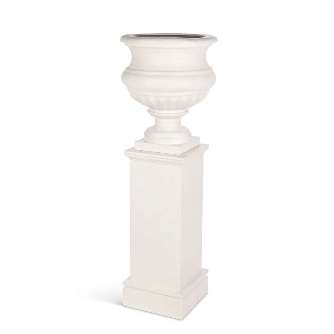 Large Metal Portico Urn w/ Tall Pedestal, Soft White