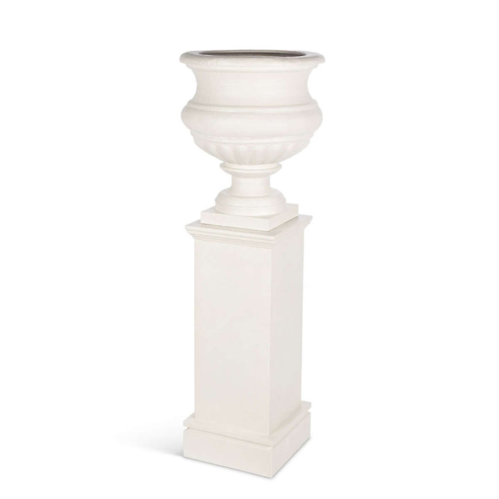 Large Metal Portico Urn w/ Tall Pedestal, Soft White