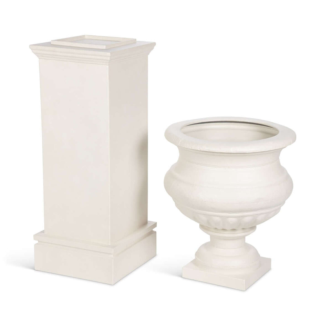 Large Metal Portico Urn w/ Tall Pedestal, Soft White