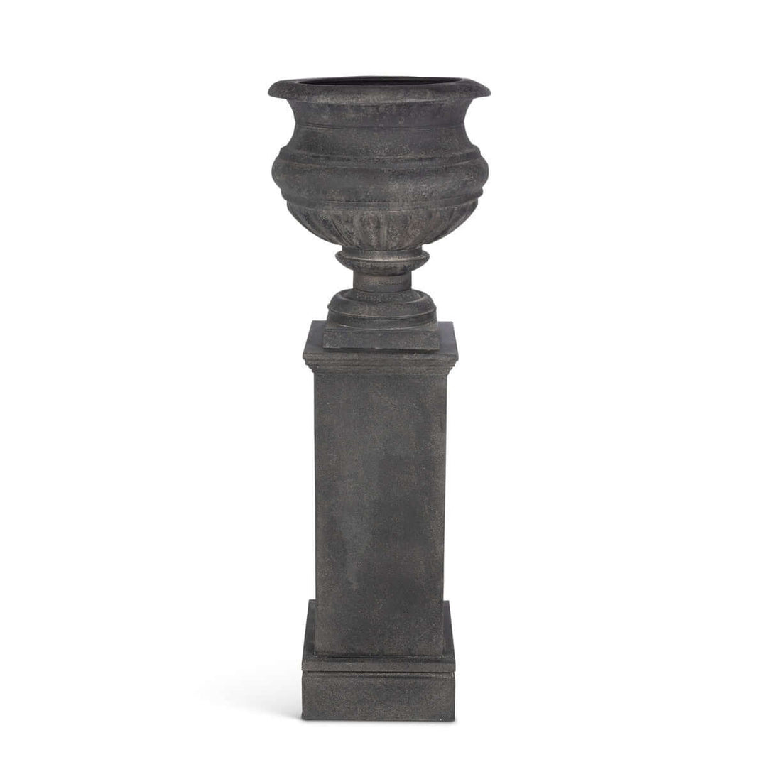 Large Metal Portico Urn w/ Tall Pedestal, Noir