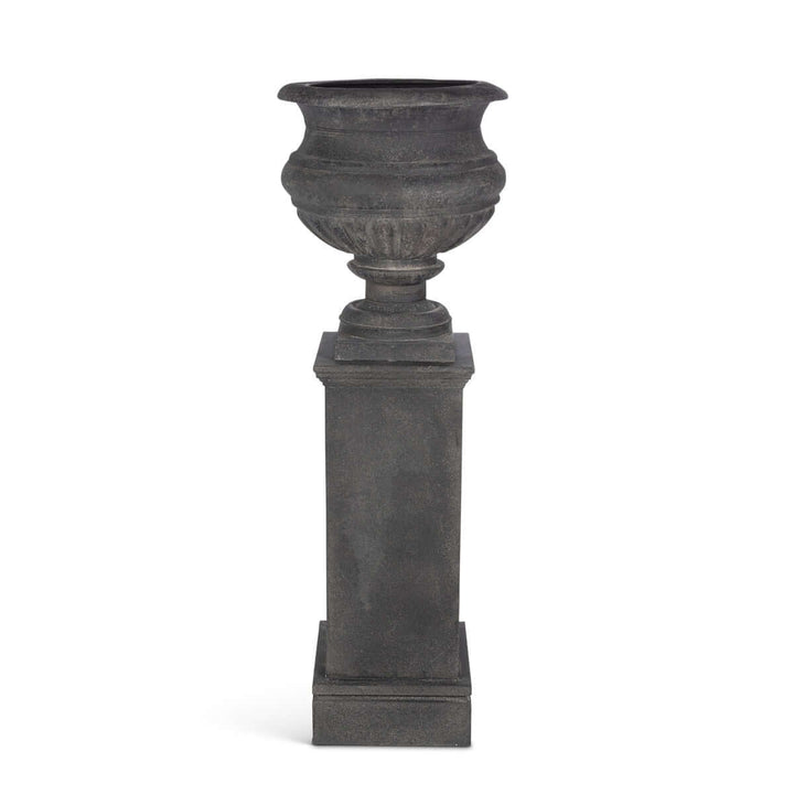 Large Metal Portico Urn w/ Tall Pedestal, Noir