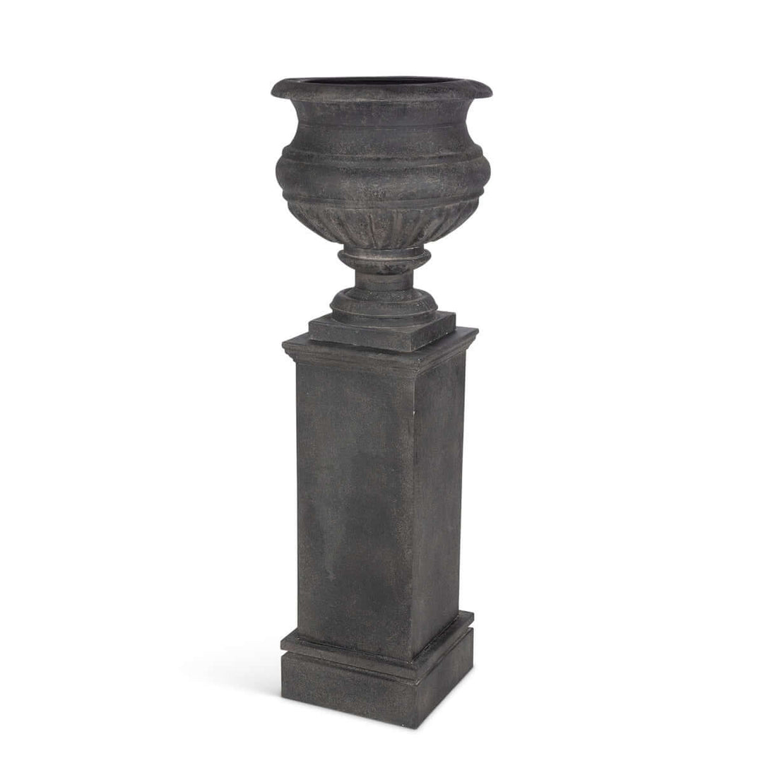 Large Metal Portico Urn w/ Tall Pedestal, Noir