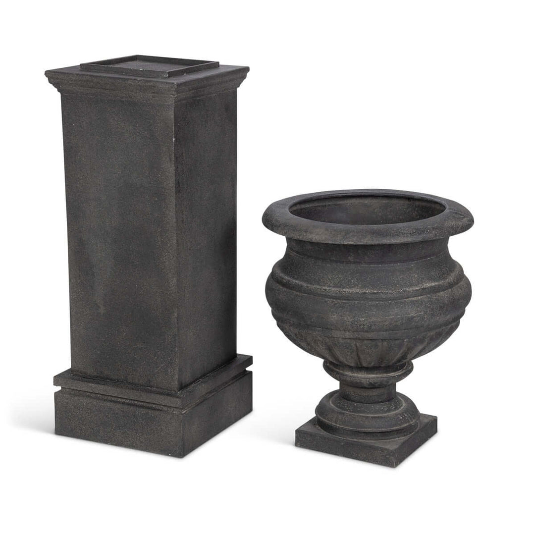 Large Metal Portico Urn w/ Tall Pedestal, Noir