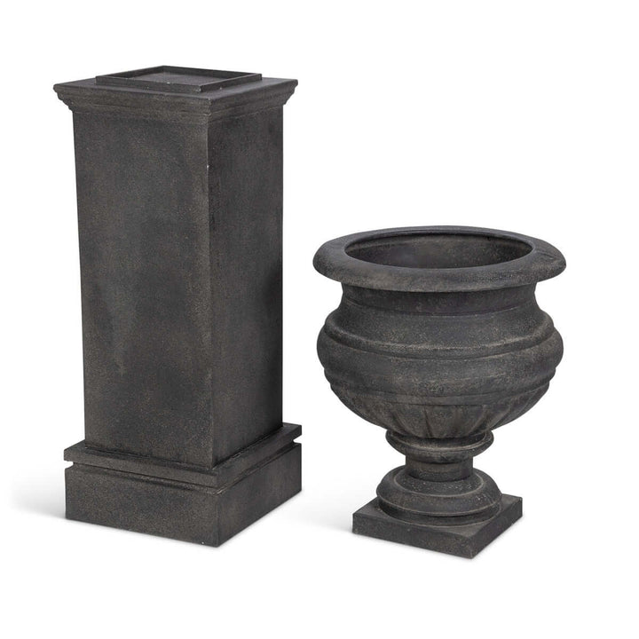 Large Metal Portico Urn w/ Tall Pedestal, Noir