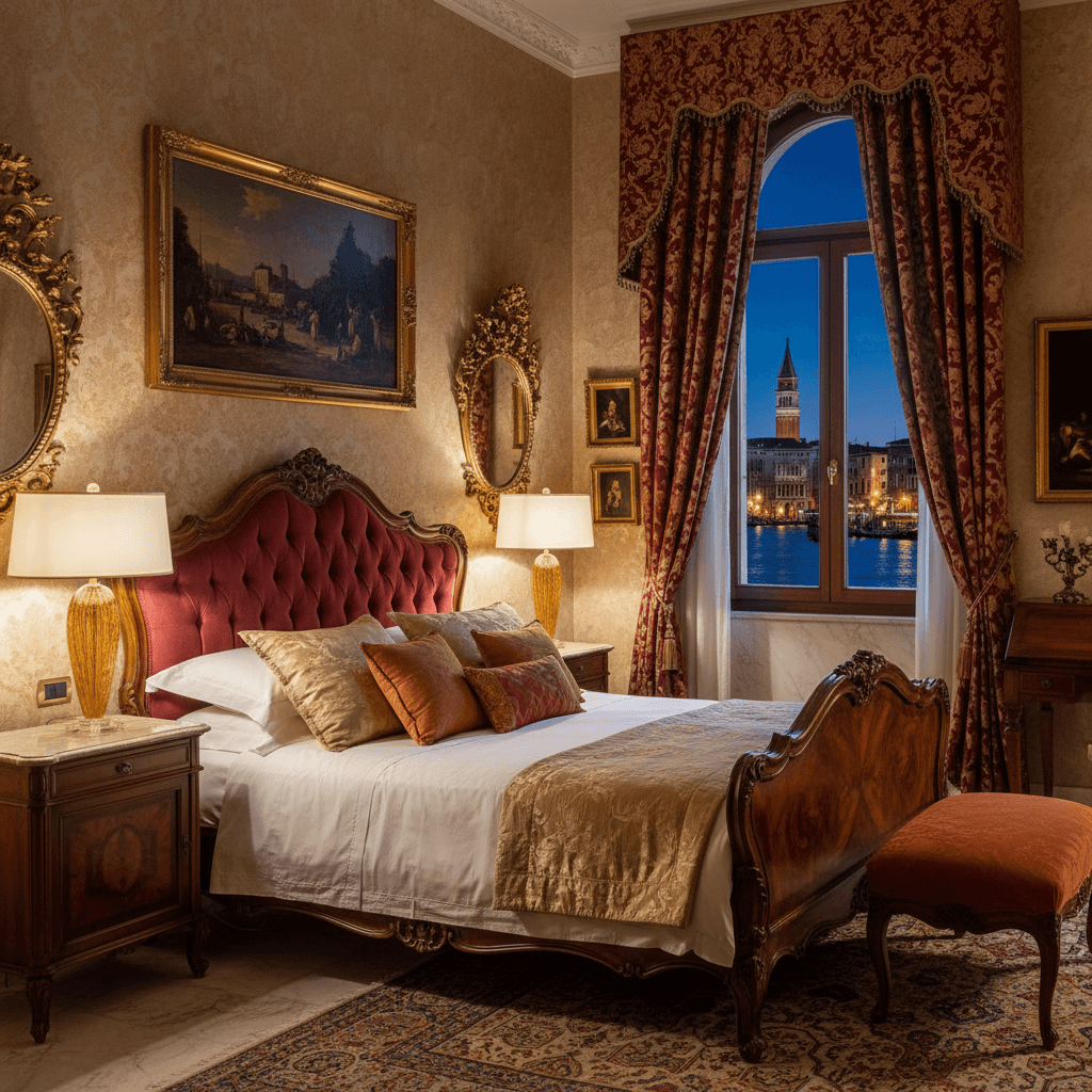 Luxurious bedroom with ornate bed, Murano glass table lamps, and cityscape of Venice, Italy view through window.